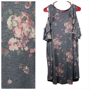 Altar’d State Cold Shoulder Shift Dress Super Soft Gray Floral Ruffle Women's